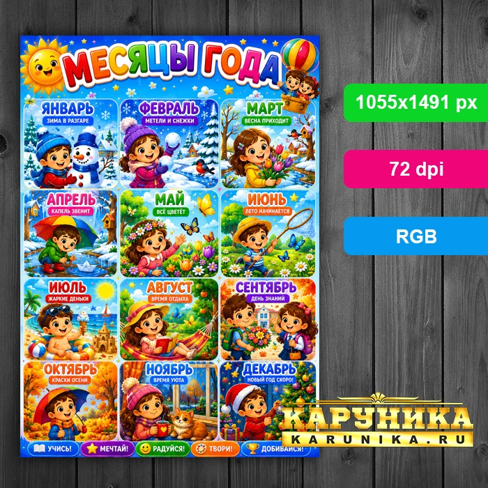 Яркий плакат Месяцы года - изучаем сезоны играючи!