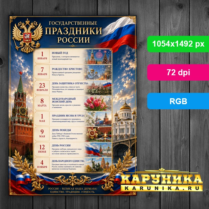 Государственные праздники России - красивый патриотический плакат