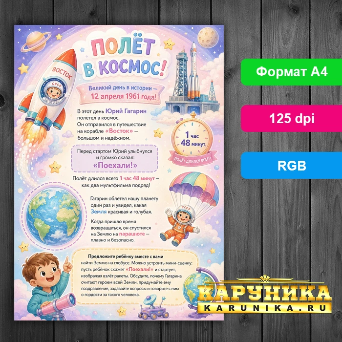 Плакат Полёт в космос - история Гагарина для детей