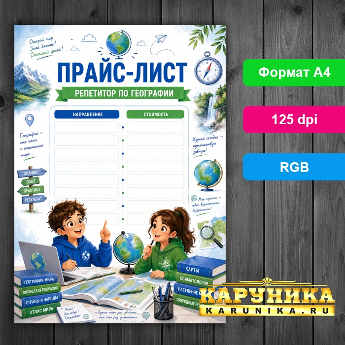 Прайс-лист для репетитора по географии - готовый шаблон
