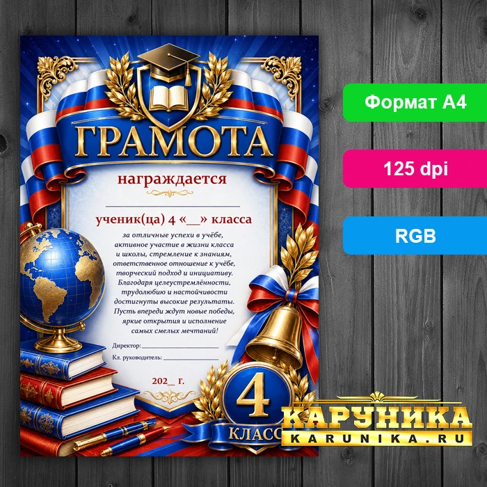 Грамота для ученика 4 класса - яркий шаблон для награждения