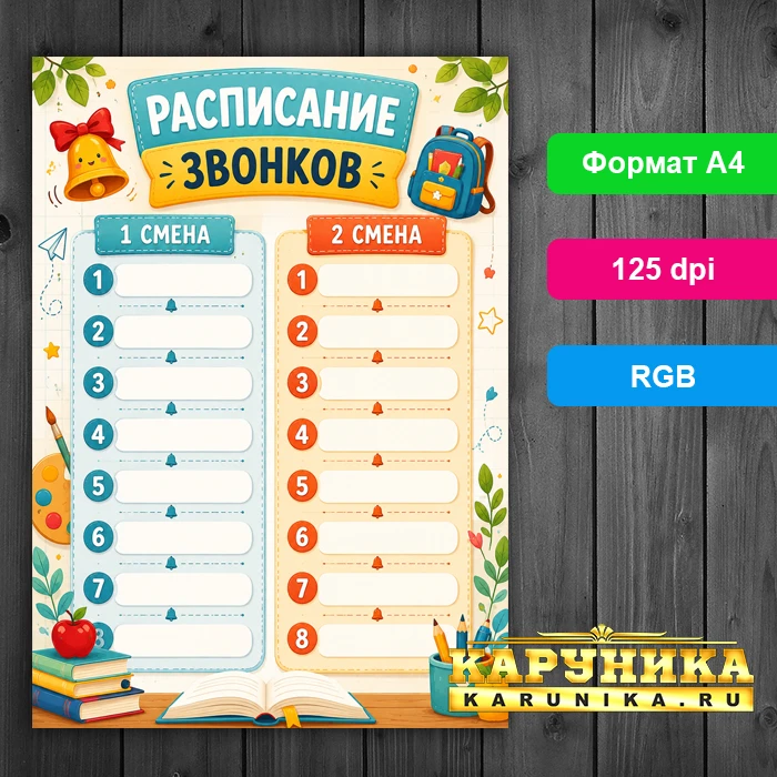 Красочное расписание звонков - яркий шаблон для печати