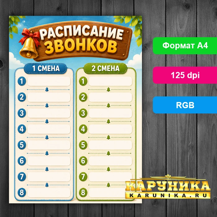Яркое расписание звонков для школы - 2 смены, 8 уроков