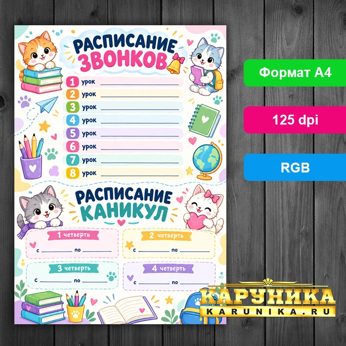 Расписание звонков и каникул - яркий школьный плакат