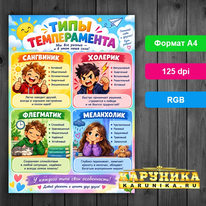 Яркий плакат о 4 типах темперамента для детей