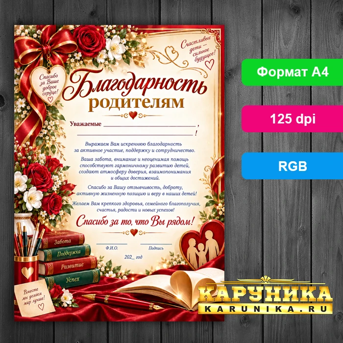 Красивое благодарственное письмо родителям - скачать шаблон