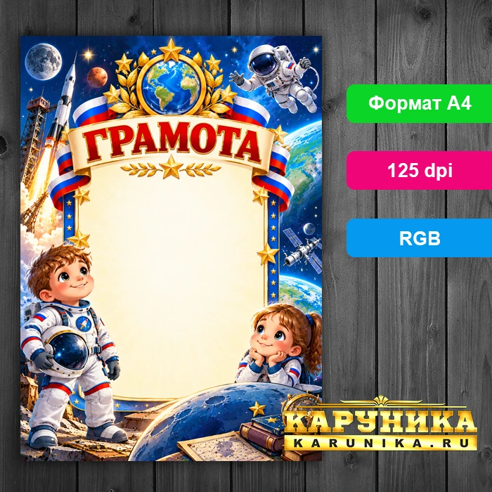 Грамота на День космонавтики - красочный шаблон для печати и награждения