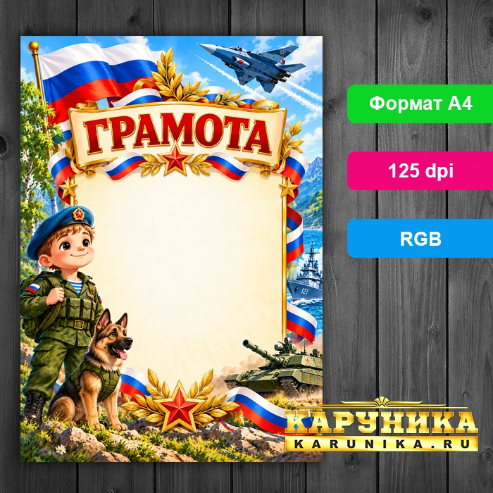Грамота с флагом России и военной техникой к 23 февраля