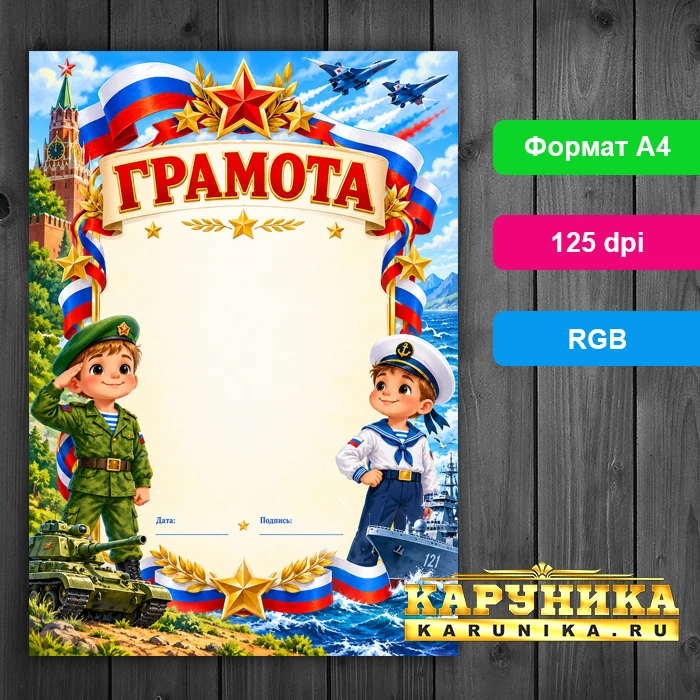 Грамота к 23 февраля с солдатами и российским флагом