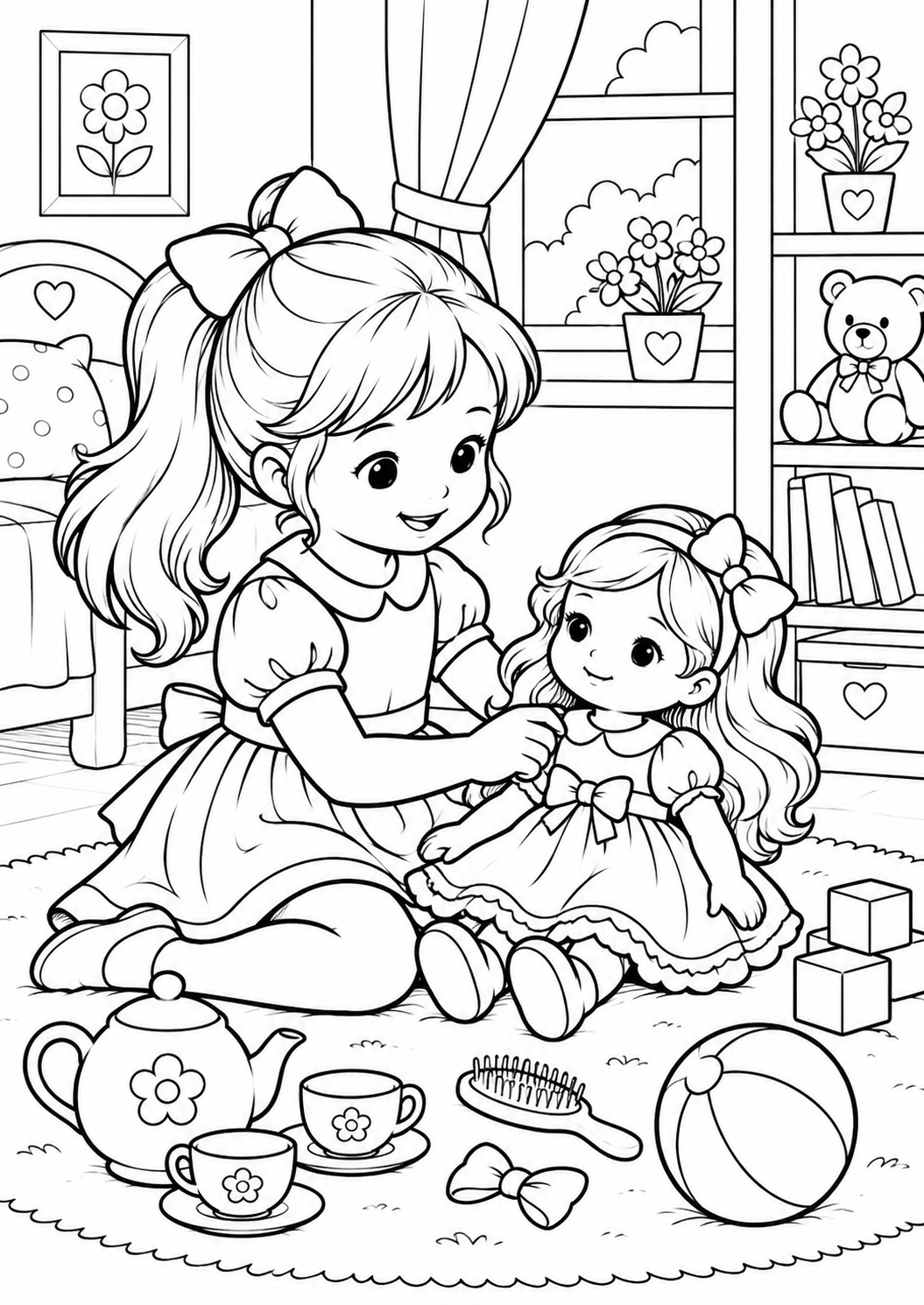 Раскраска Девочка играет с куклой Раскраска Девочка играет с куклой